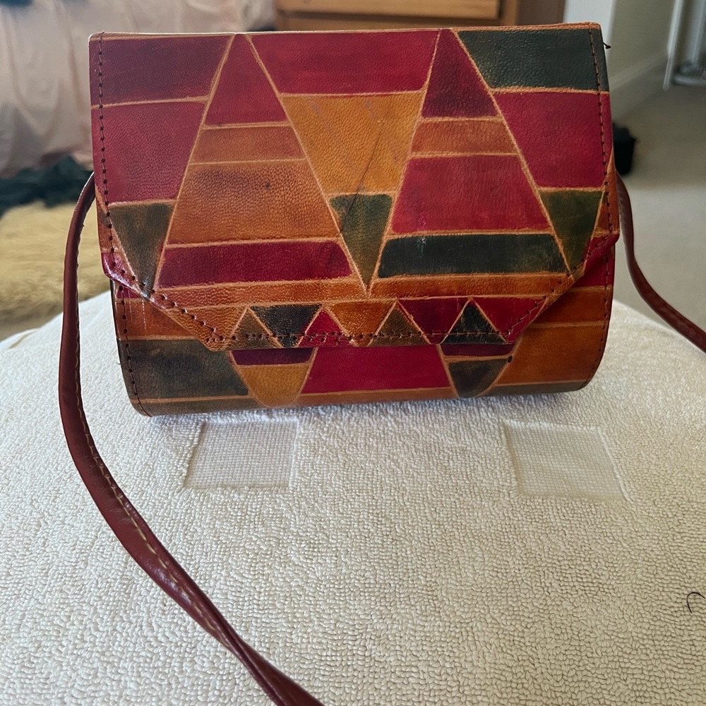 Vintage boho geometric leather crossbody clutch purse with mirror